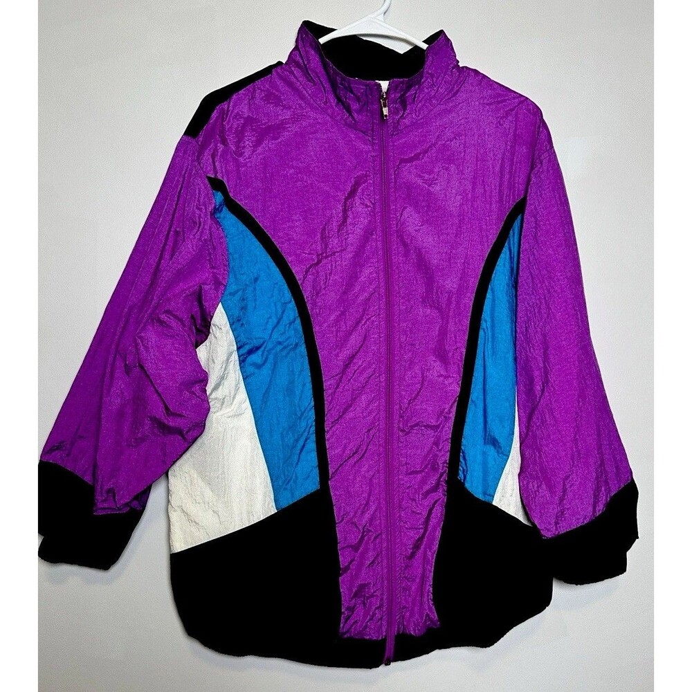 Vtg 90s Colorblock Windbreaker Jacket Purple Blue‎ White Black Zip Up
